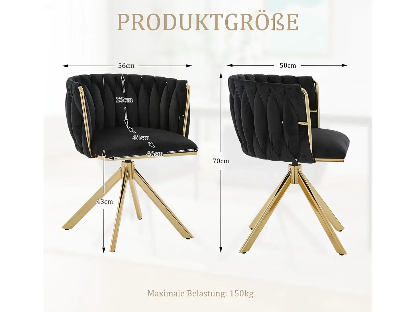 Juego de 2 sillas de comedor de altura regulable - Sillón giratorio con patas ajustables doradas - Terciopelo negro