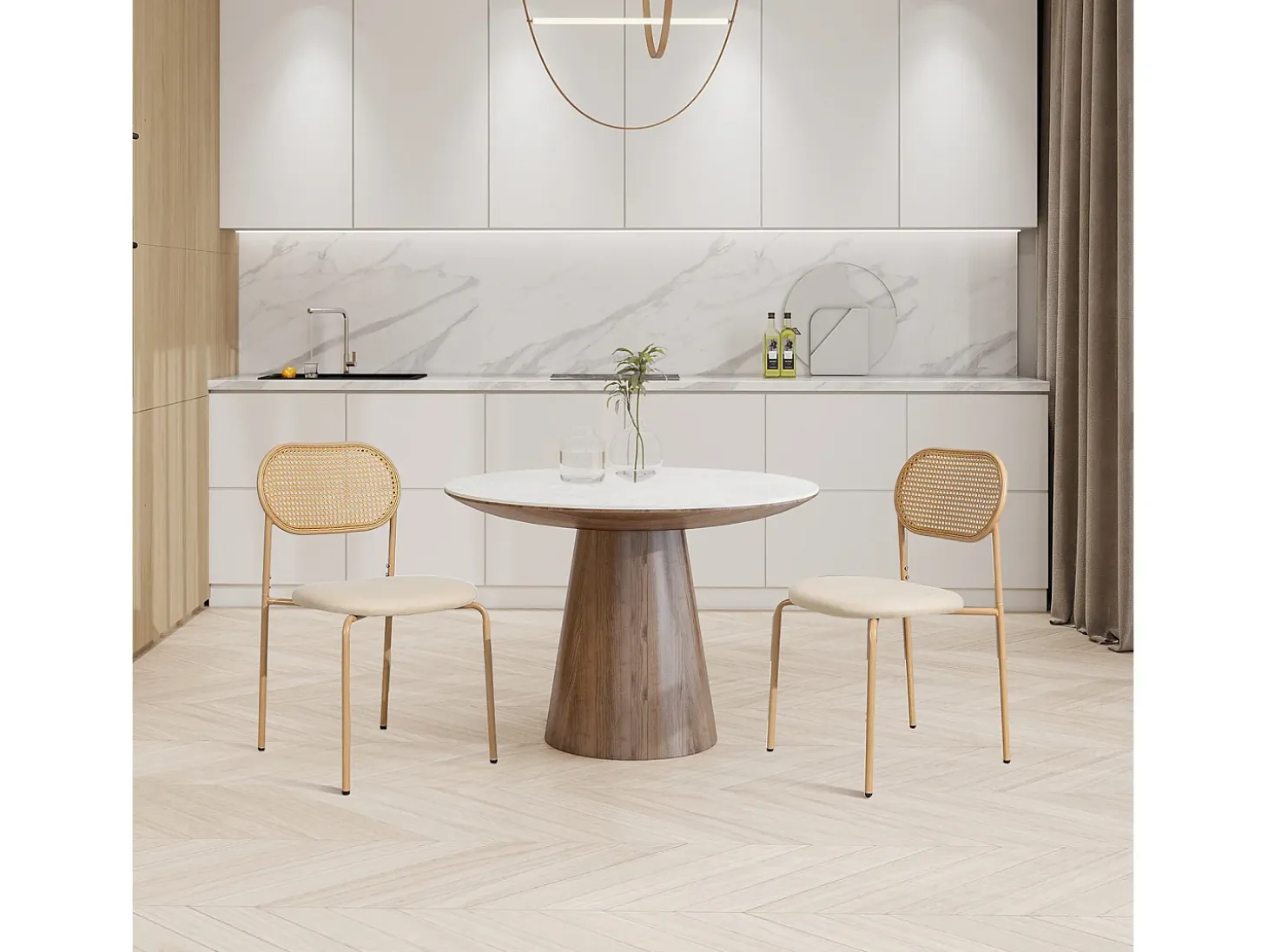 Juego de 2 sillas de comedor modernas con respaldo de ratán y patas de metal para comedor y sala de estar, color beige (2 unidades)