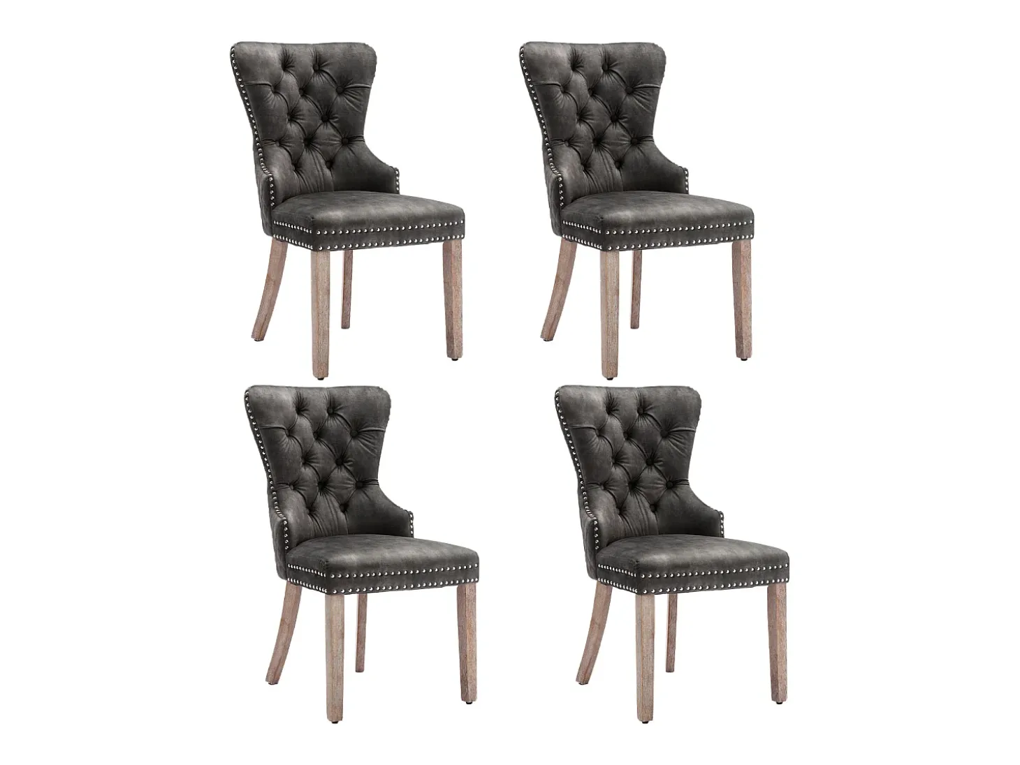 Juego de 4 sillas de comedor, tapizadas con ribete de tachuelas, patas de madera maciza, funda de terciopelo, color gris, con diseño de aldaba.