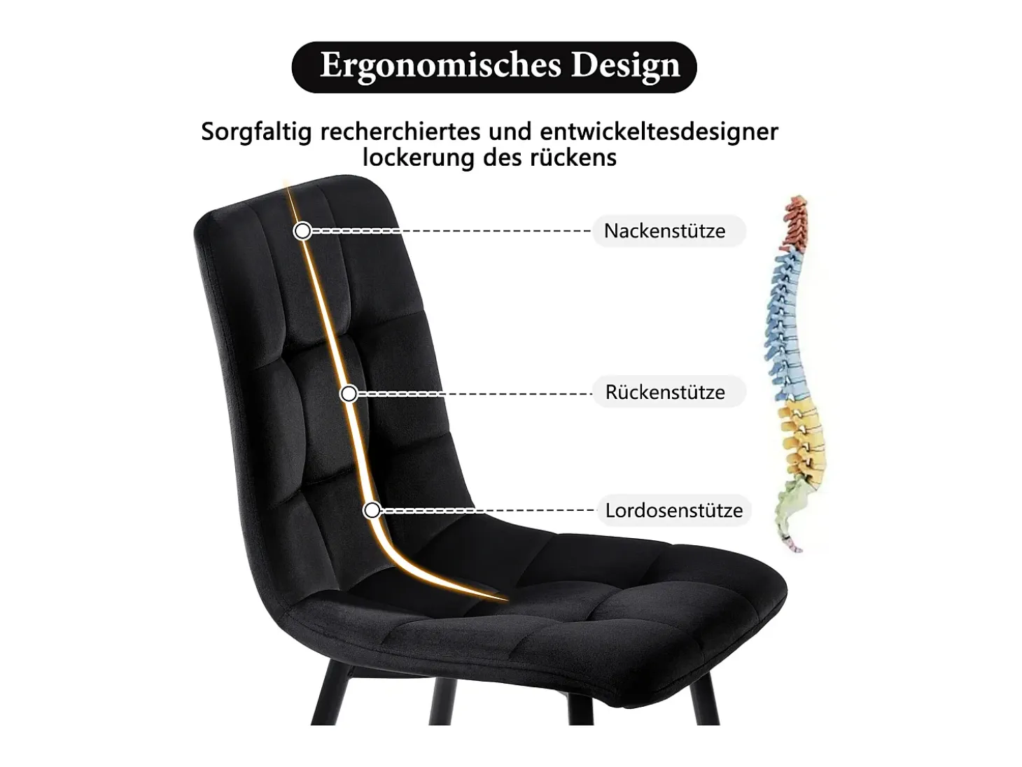 Juego de 4 sillas de comedor, color negro, diseño de silla tapizada con respaldo, terciopelo, estructura de metal.