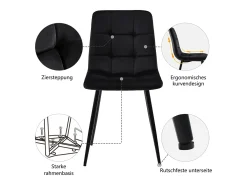Juego de 4 sillas de comedor, color negro, diseño de silla tapizada con respaldo, terciopelo, estructura de metal.