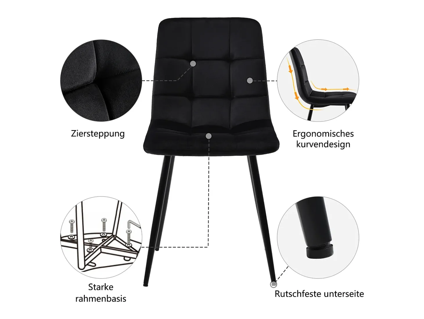 Juego de 4 sillas de comedor, color negro, diseño de silla tapizada con respaldo, terciopelo, estructura de metal.