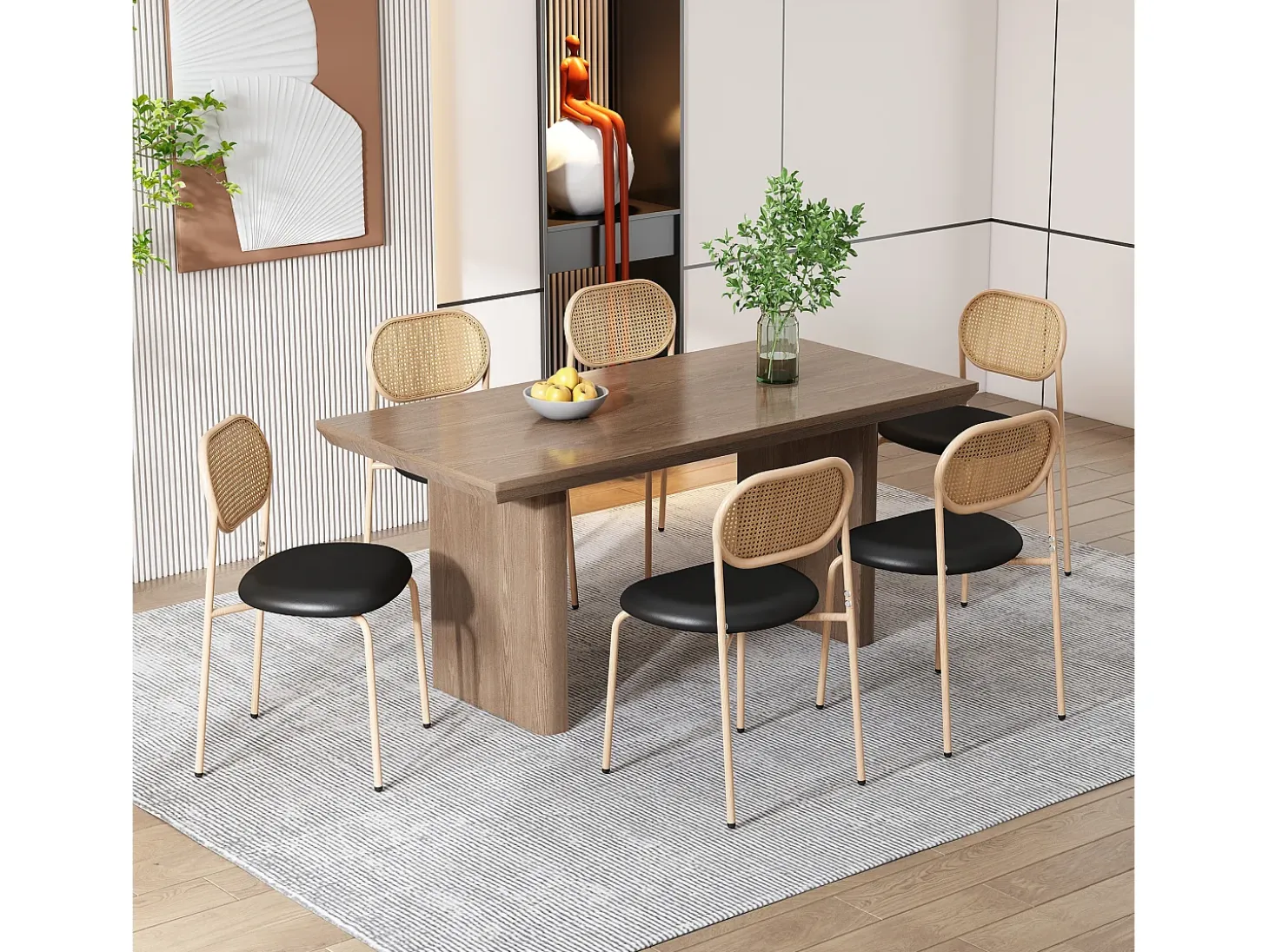 Juego de 4 sillas de comedor de estilo moderno, sillón de mimbre con estructura de metal, PU, negro y marrón (Dimensiones específicas a consultar)