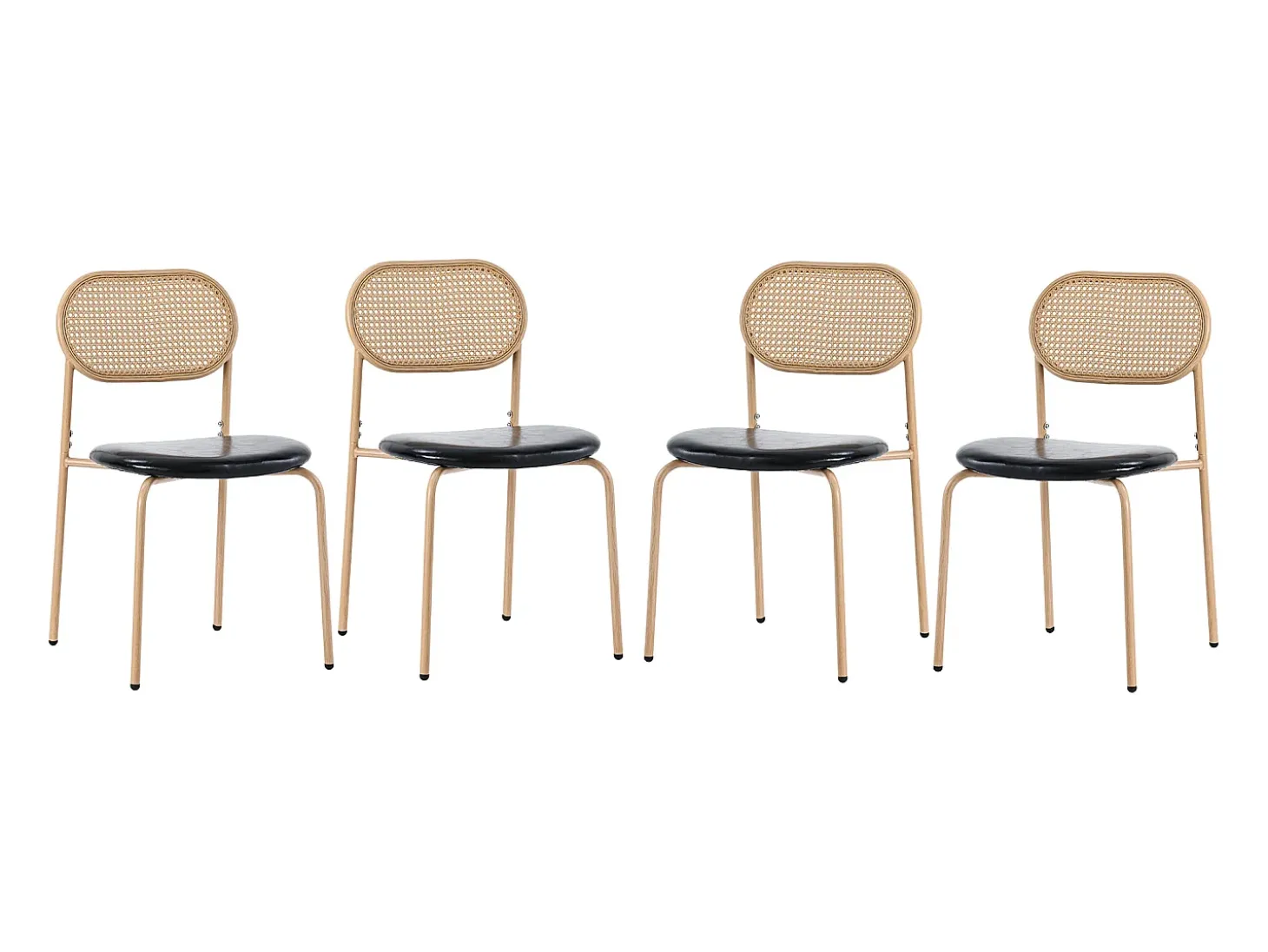 Juego de 4 sillas de comedor de estilo moderno, sillón de mimbre con estructura de metal, PU, negro y marrón (Dimensiones específicas a consultar)