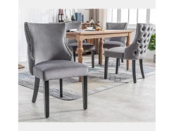 Juego de 4 sillas de comedor, terciopelo gris, con costuras de botones, estructura de madera maciza