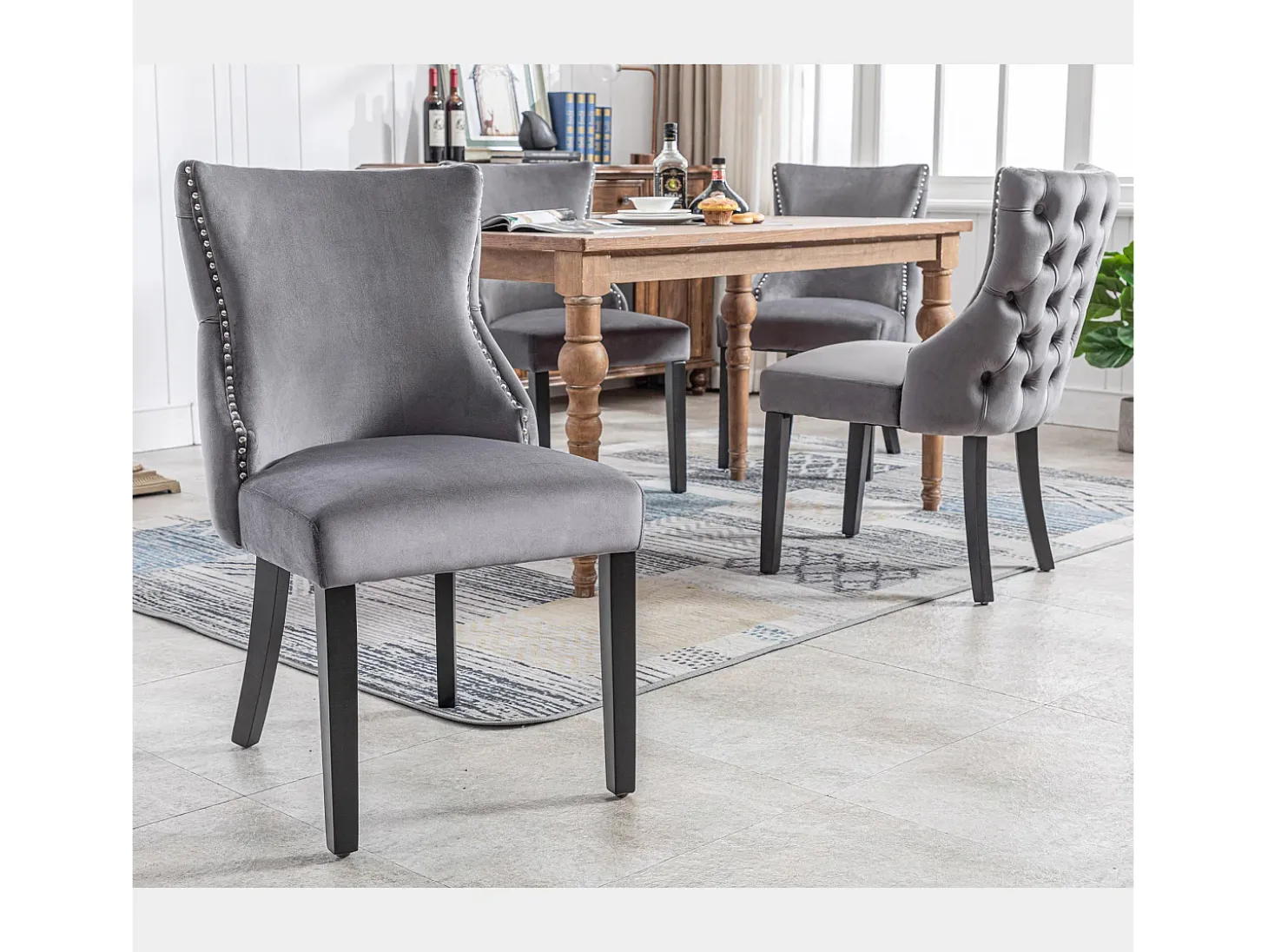 Juego de 4 sillas de comedor, terciopelo gris, con costuras de botones, estructura de madera maciza