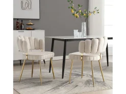 Juego de 2 sillas de comedor de terciopelo marfil con respaldo acolchado y patas de metal dorado