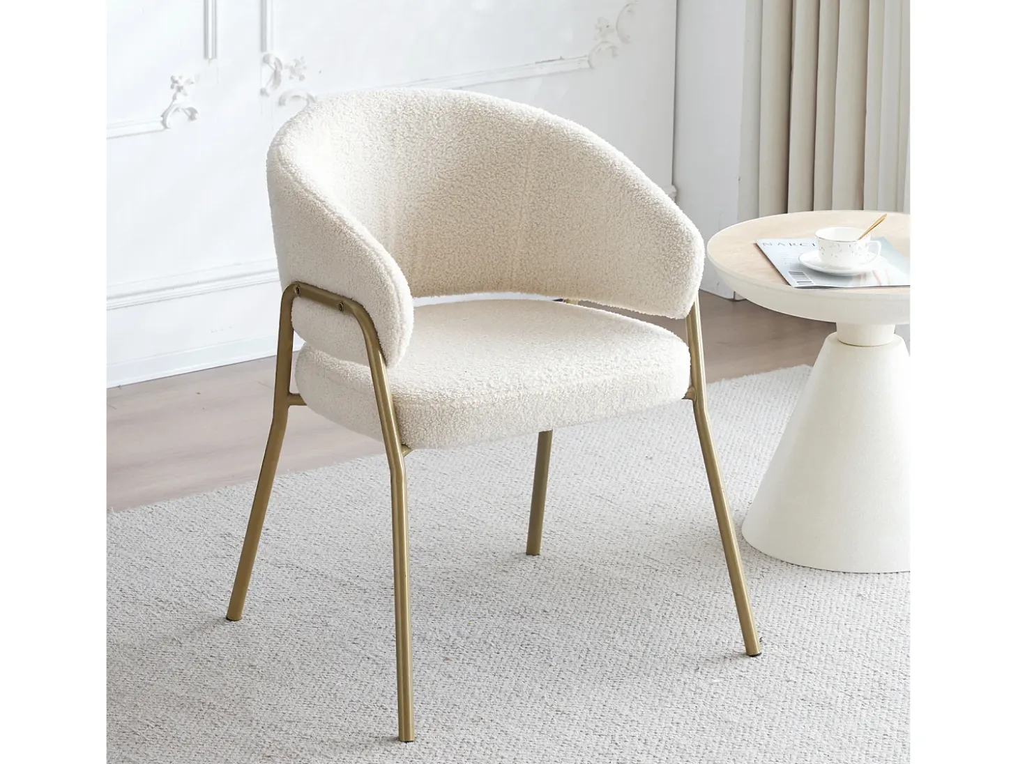 Juego de 6 sillas de comedor blancas, modernas, de terciopelo de cordero, patas doradas