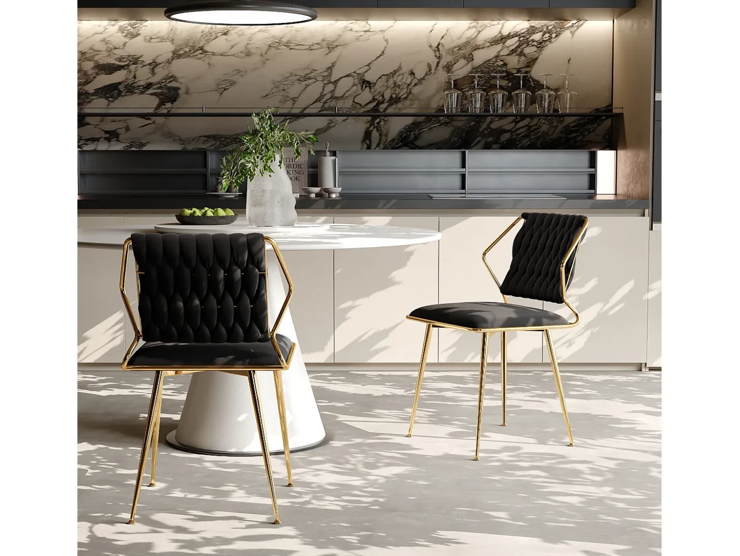 Juego de 2 sillas de comedor de terciopelo de lujo, diseño ergonómico, patas de metal, color negro