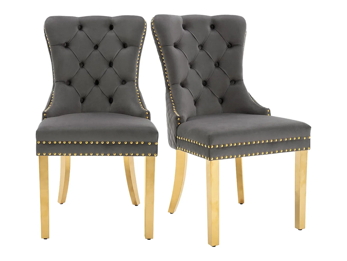 Juego de 2 sillas de comedor - terciopelo gris - Silla tapizada con ribete tachonado y patas de metal dorado