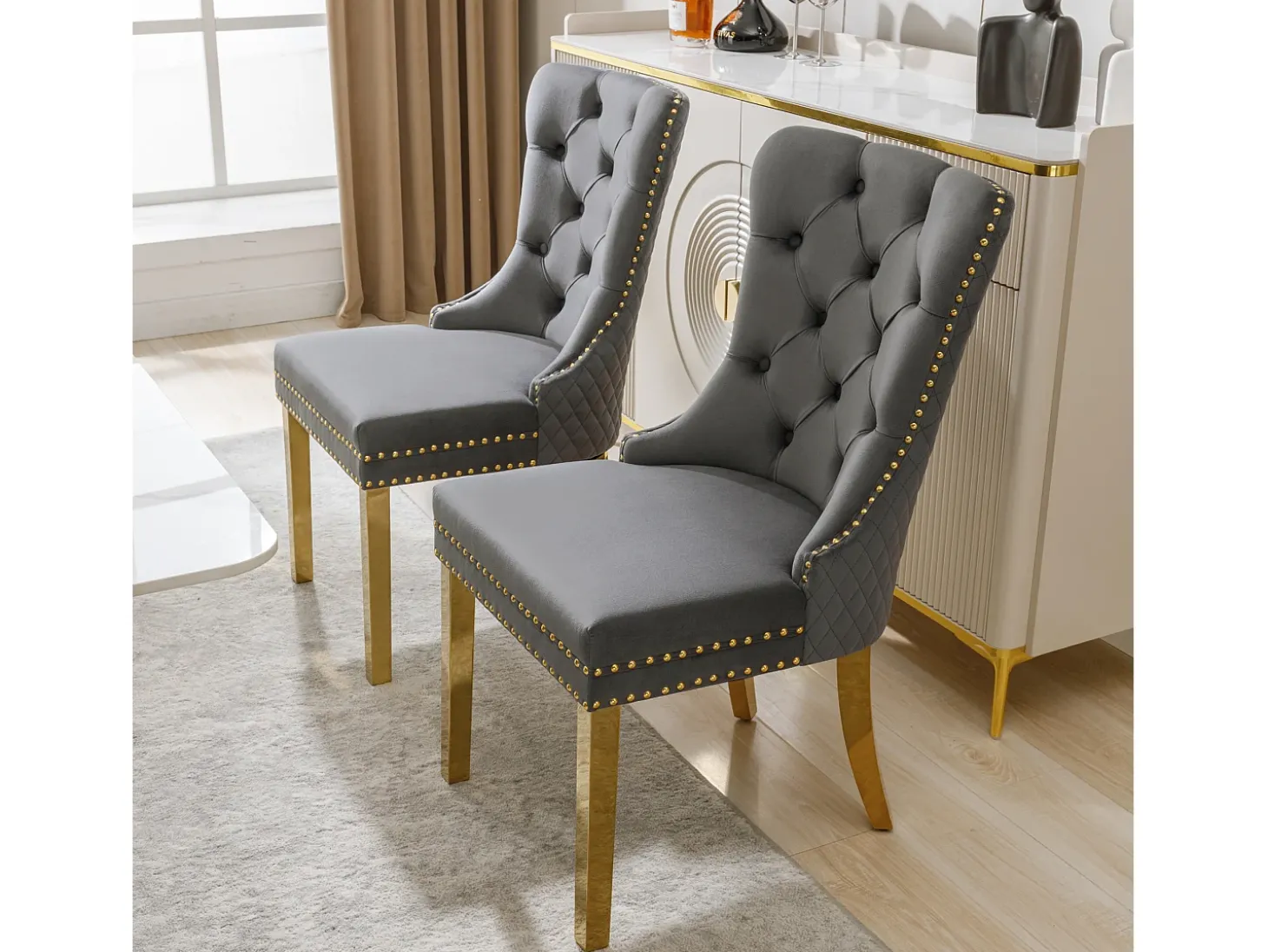 Juego de 2 sillas de comedor - terciopelo gris - Silla tapizada con ribete tachonado y patas de metal dorado