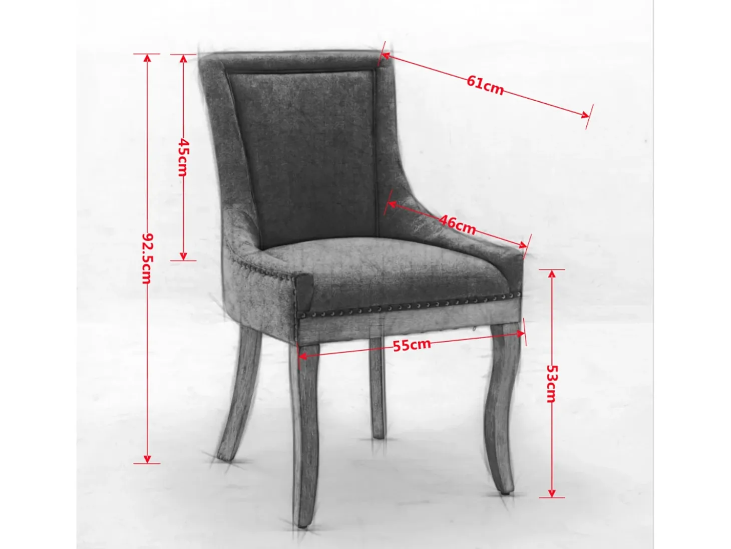 Juego de 2 sillas de comedor en chenilla gris con tachuelas decorativas y respaldo, patas de madera
