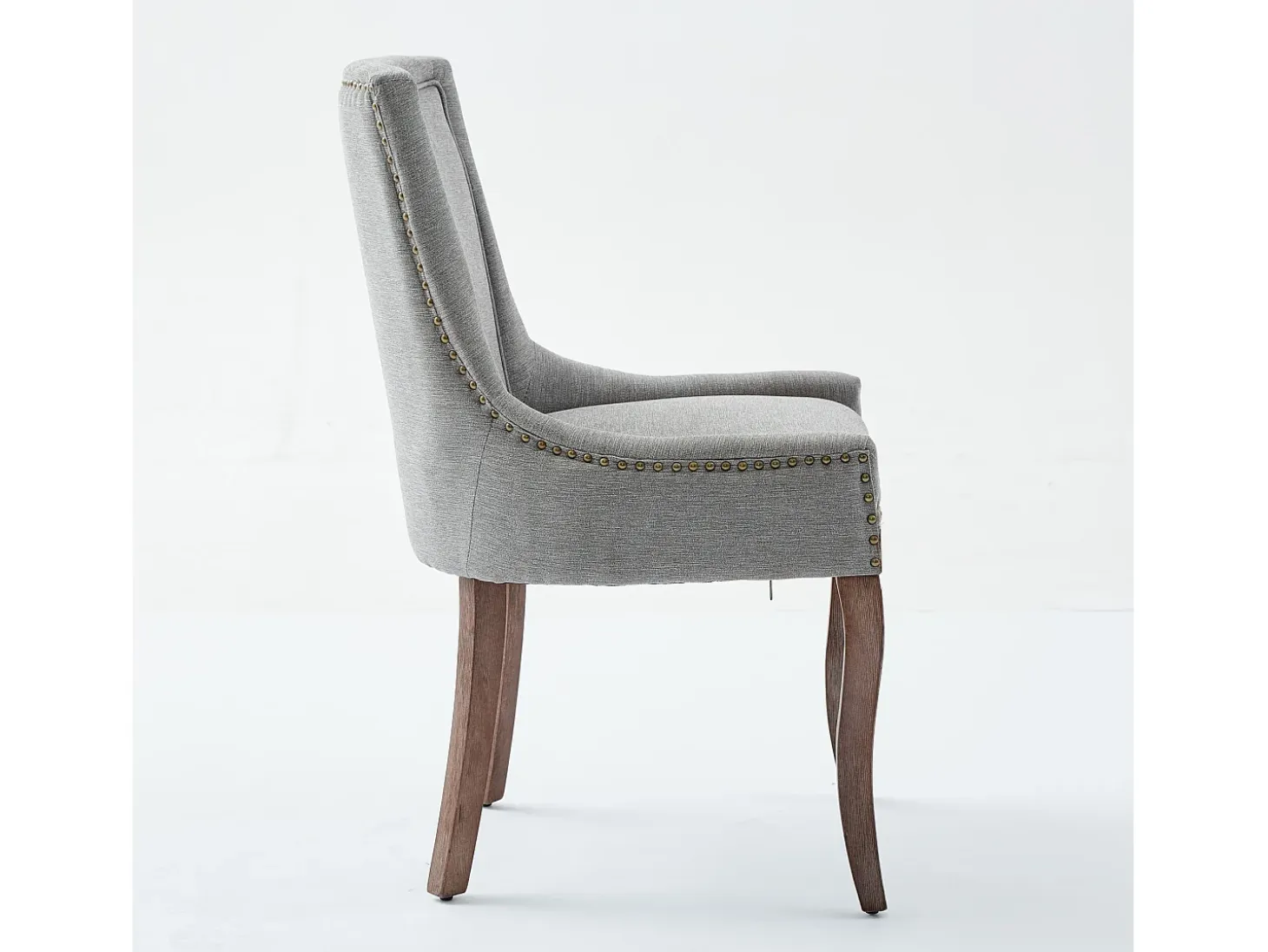 Juego de 2 sillas de comedor en chenilla gris con tachuelas decorativas y respaldo, patas de madera
