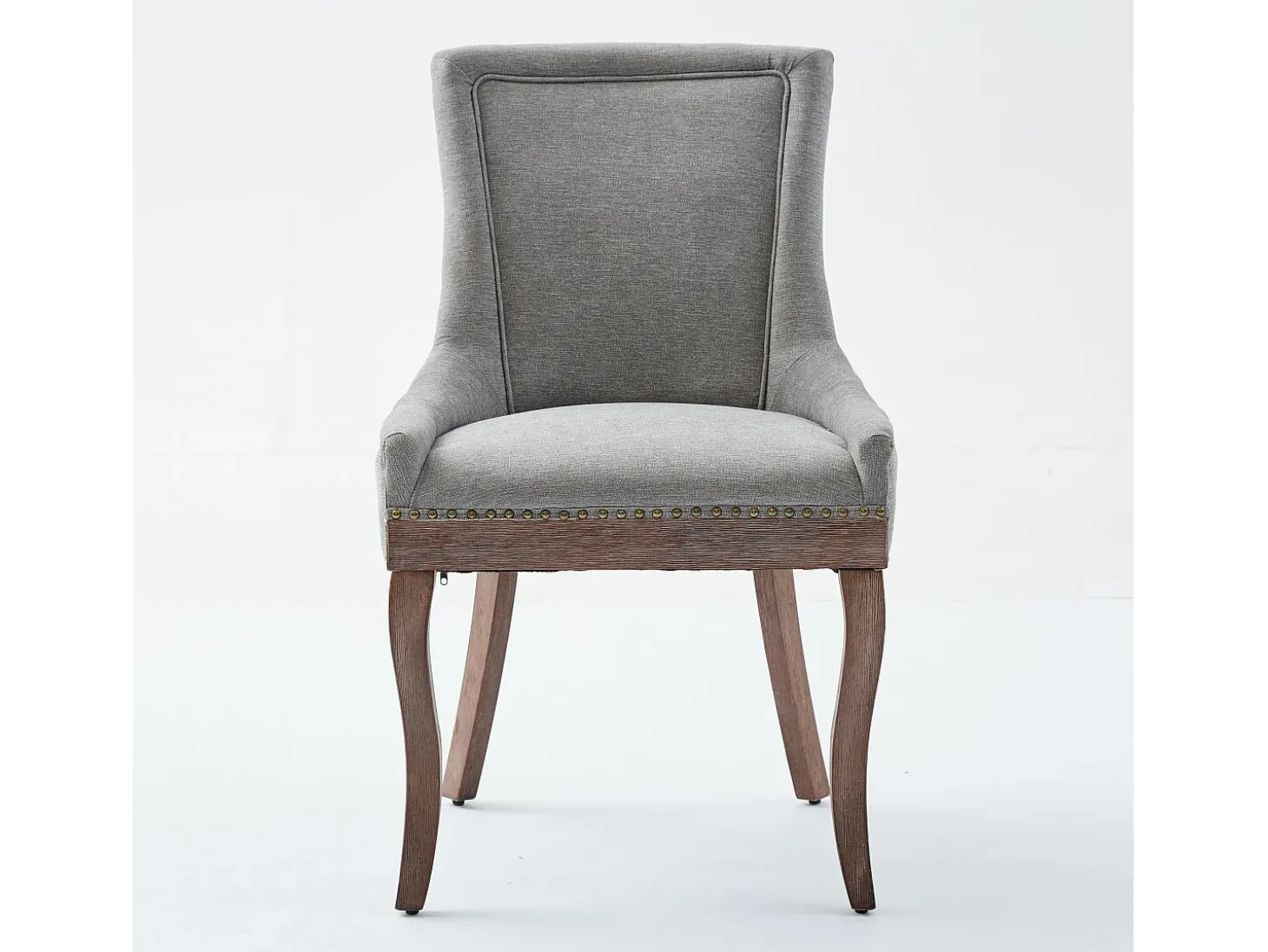 Juego de 2 sillas de comedor en chenilla gris con tachuelas decorativas y respaldo, patas de madera