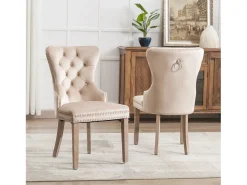 Juego de 2 sillas de comedor - Detalles remachados - Patas de madera maciza - Terciopelo - Beige