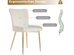 Juego de 6 sillas de comedor de terciopelo beige con patas de metal dorado y soporte lumbar (74 x 58 x 48 cm)