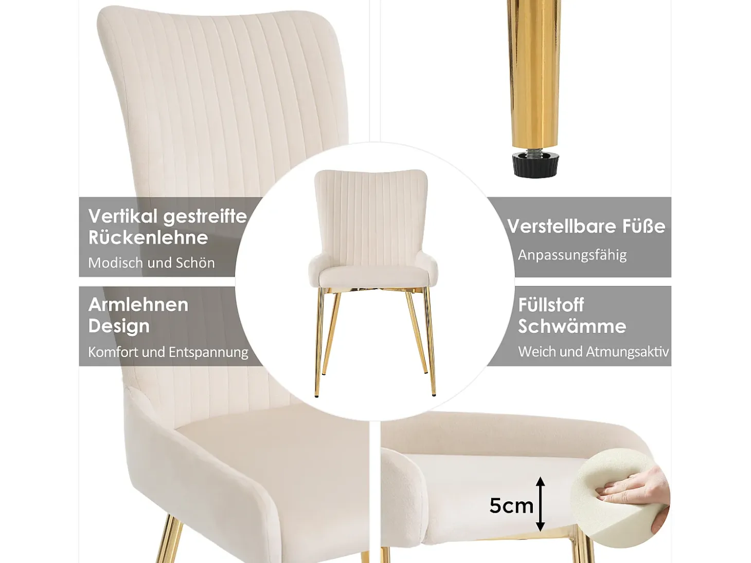 Juego de 6 sillas de comedor de terciopelo beige con patas de metal dorado y soporte lumbar (74 x 58 x 48 cm)