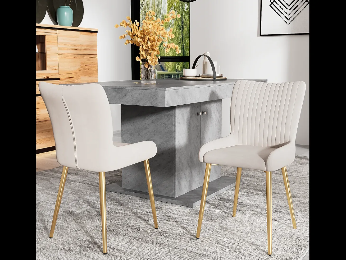 Juego de 6 sillas de comedor de terciopelo beige con patas de metal dorado y soporte lumbar (74 x 58 x 48 cm)