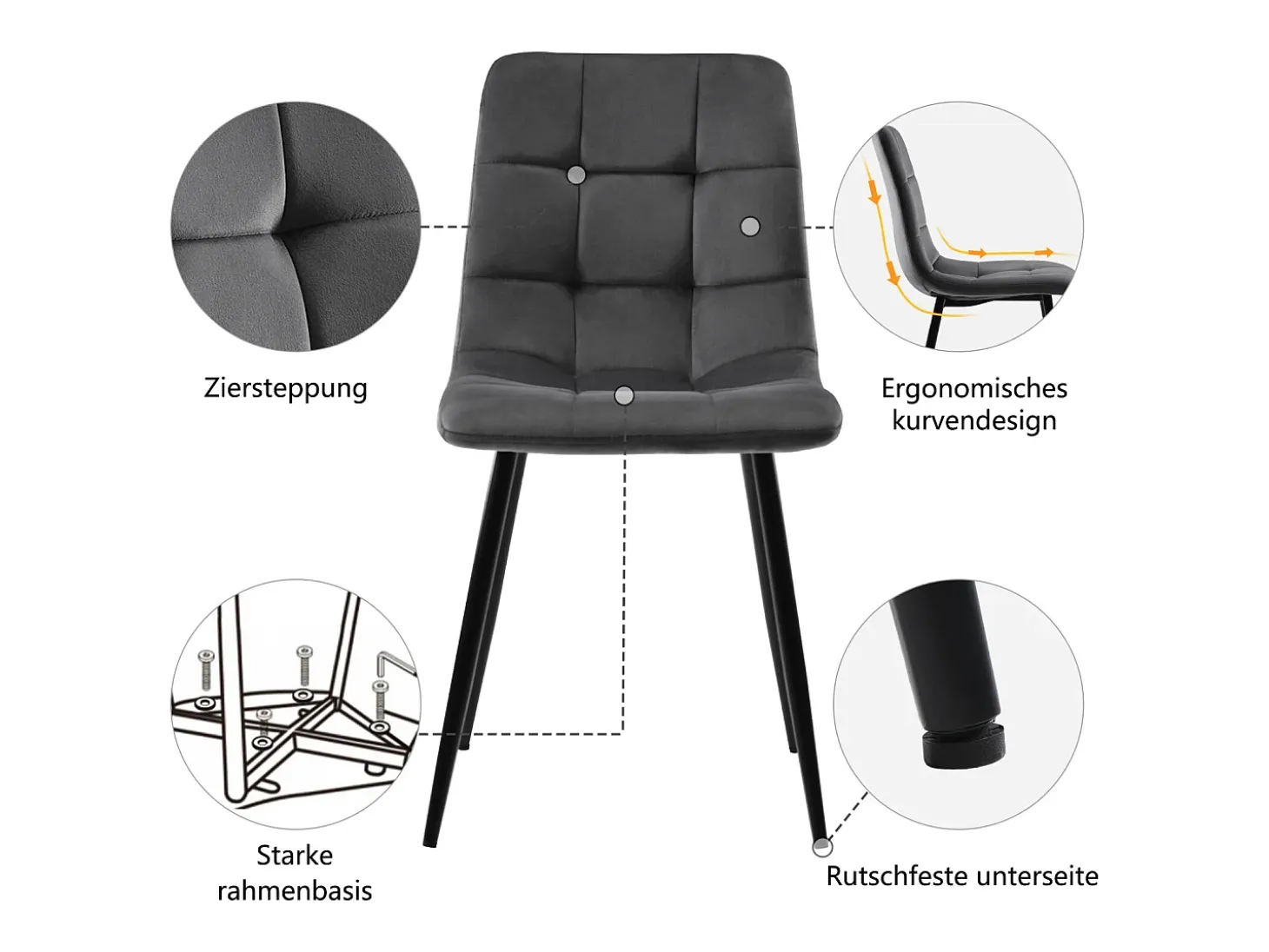Juego de 4 sillas de comedor modernas tapizadas con respaldo - terciopelo - para comedor, sala de estar - gris