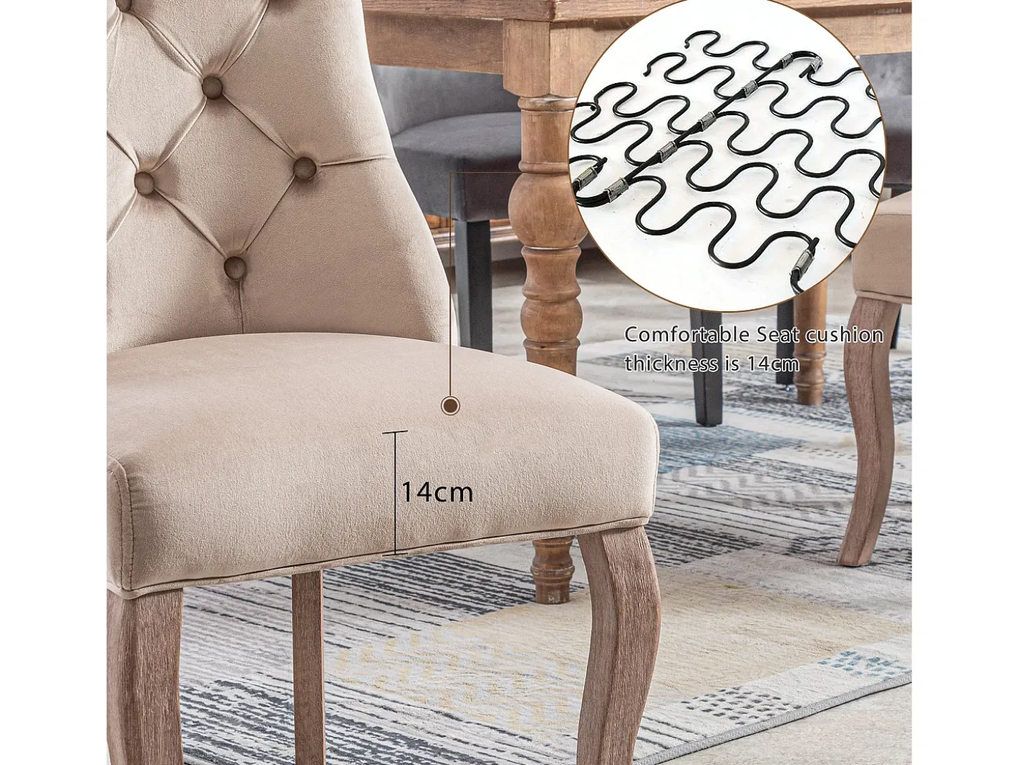 Juego de 6 sillas de comedor - Terciopelo y madera maciza - Respaldo con diseño de rombos - Beige