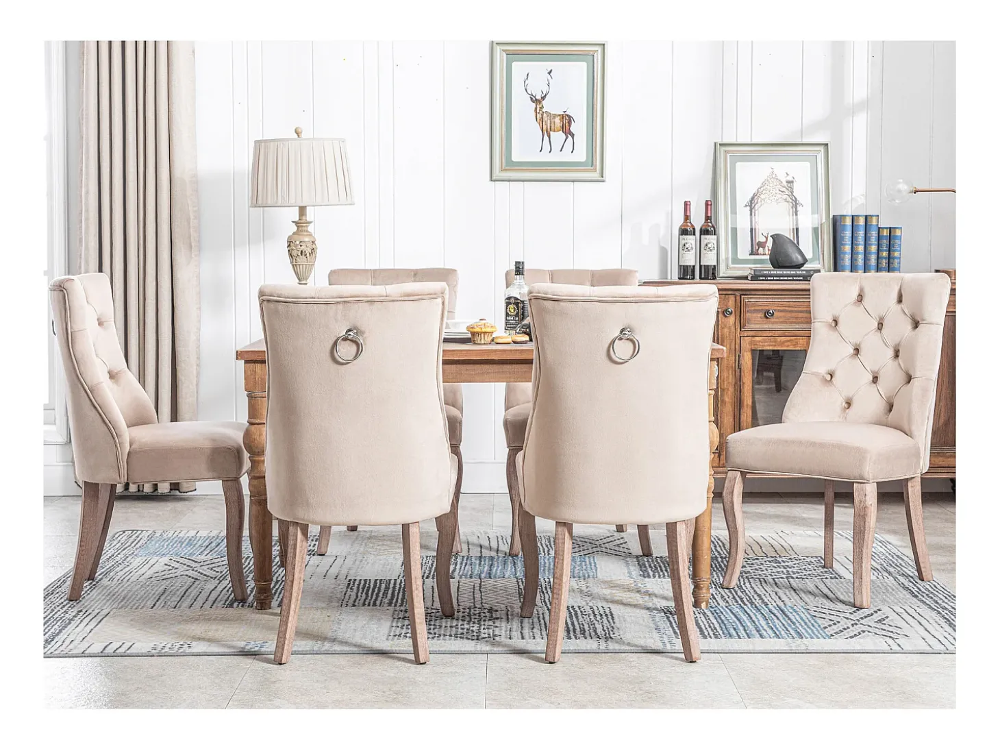 Juego de 6 sillas de comedor - Terciopelo y madera maciza - Respaldo con diseño de rombos - Beige