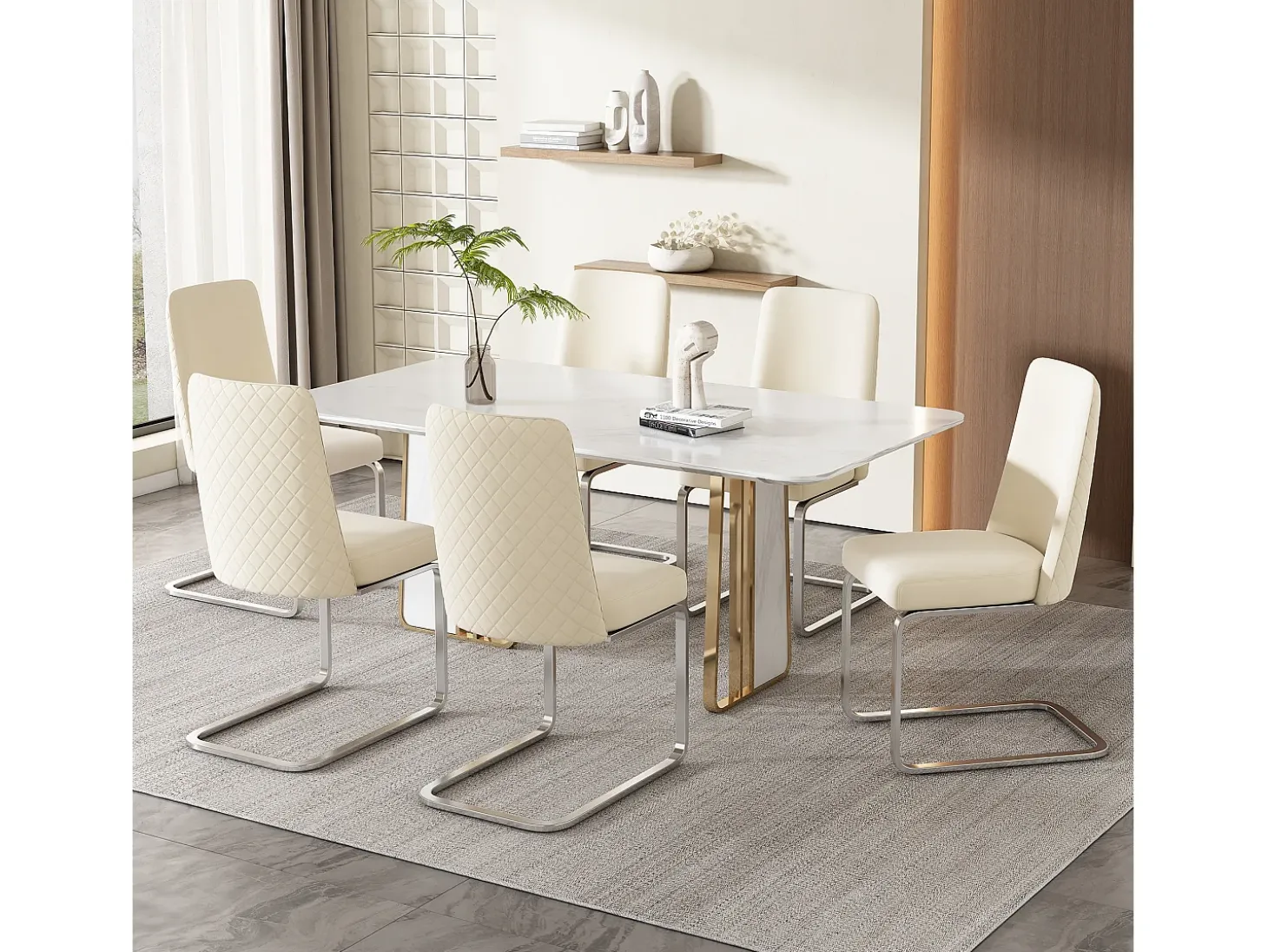 Juego de 2 sillas de comedor - 63,5x63,5x47,63 - terciopelo de lujo - patas de metal plateado - Beige