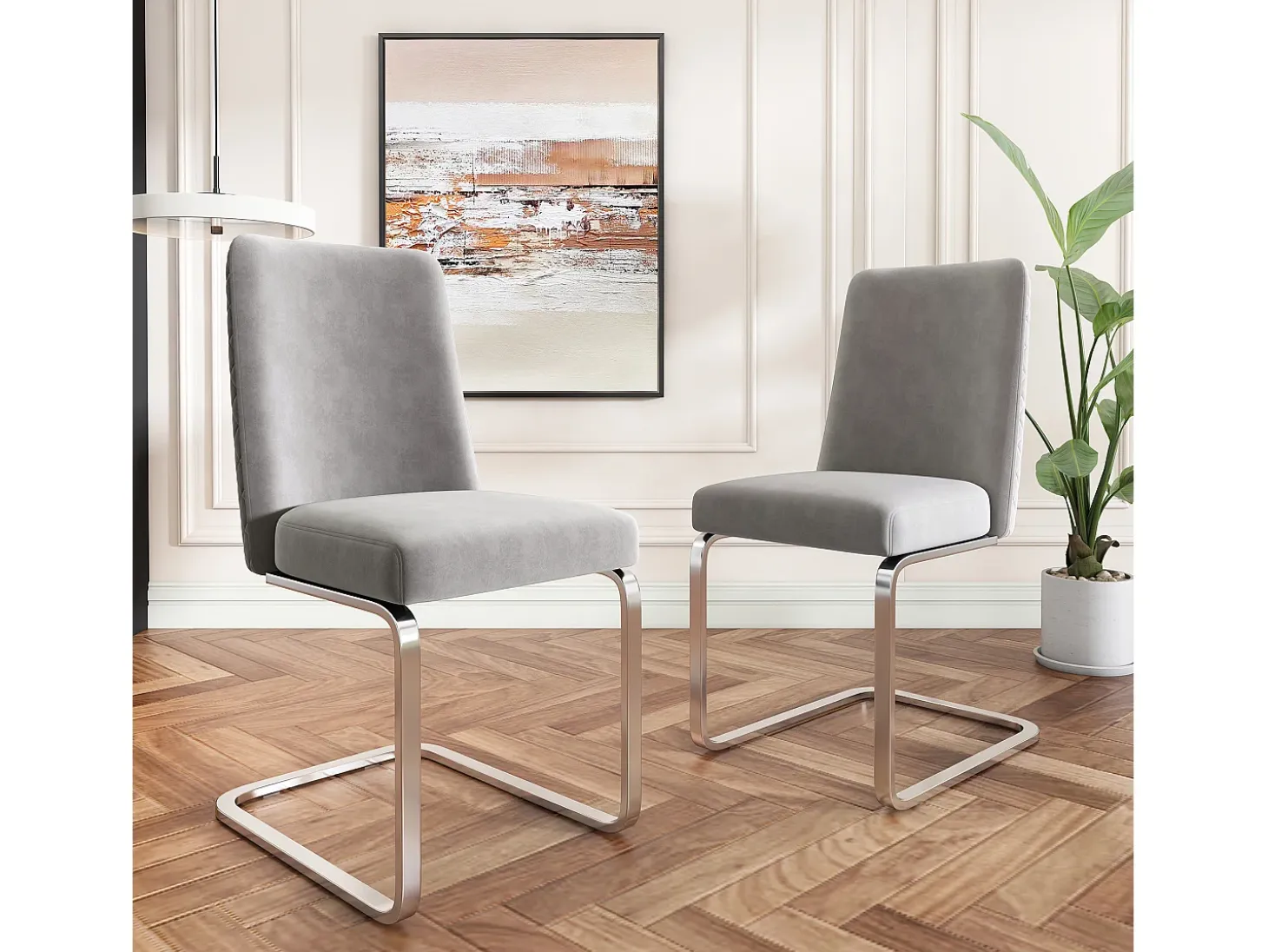Juego de 2 sillas de comedor - 63,5x63,5x47,63 - terciopelo de lujo - patas de metal plateado - gris
