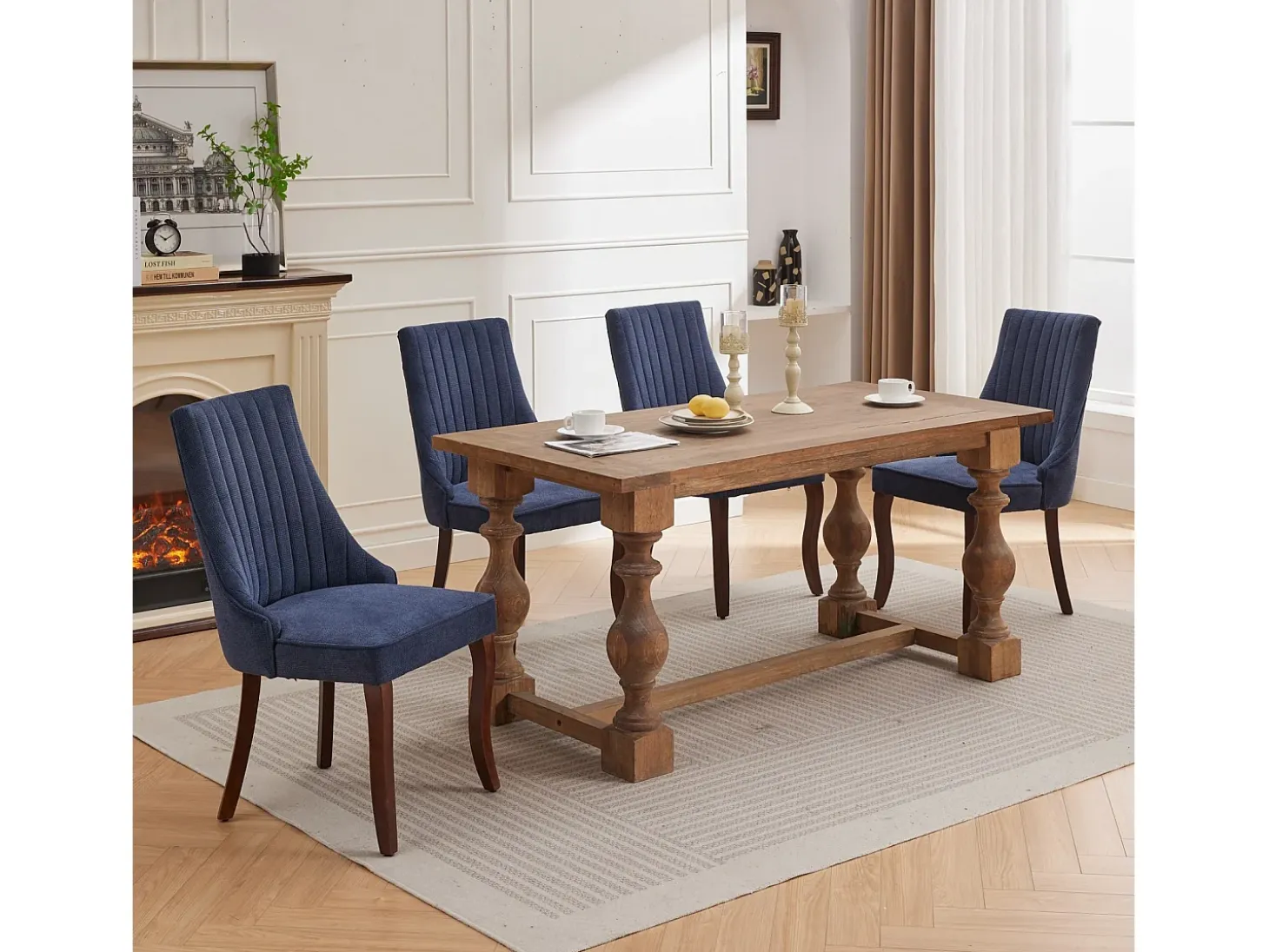 Juego de 2 sillas de comedor - Sillas con patas curvas de madera maciza y respaldo tapizado - chenilla azul