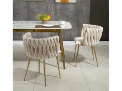 Juego de 2 sillas de comedor - 55,5 x 50 x 74 cm - patas de metal dorado + cojines suaves - terciopelo - marfil