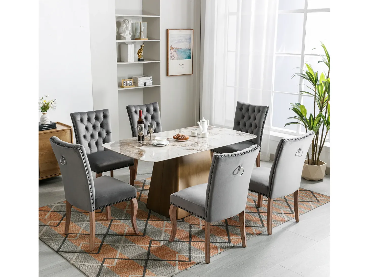 Juego de 6 Sillas de comedor tapizadas en terciopelo - Patas de nogal macizo - Decoración botones - Gris
