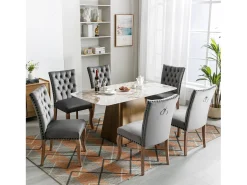 Juego de 6 Sillas de comedor tapizadas en terciopelo - Patas de nogal macizo - Decoración botones - Gris