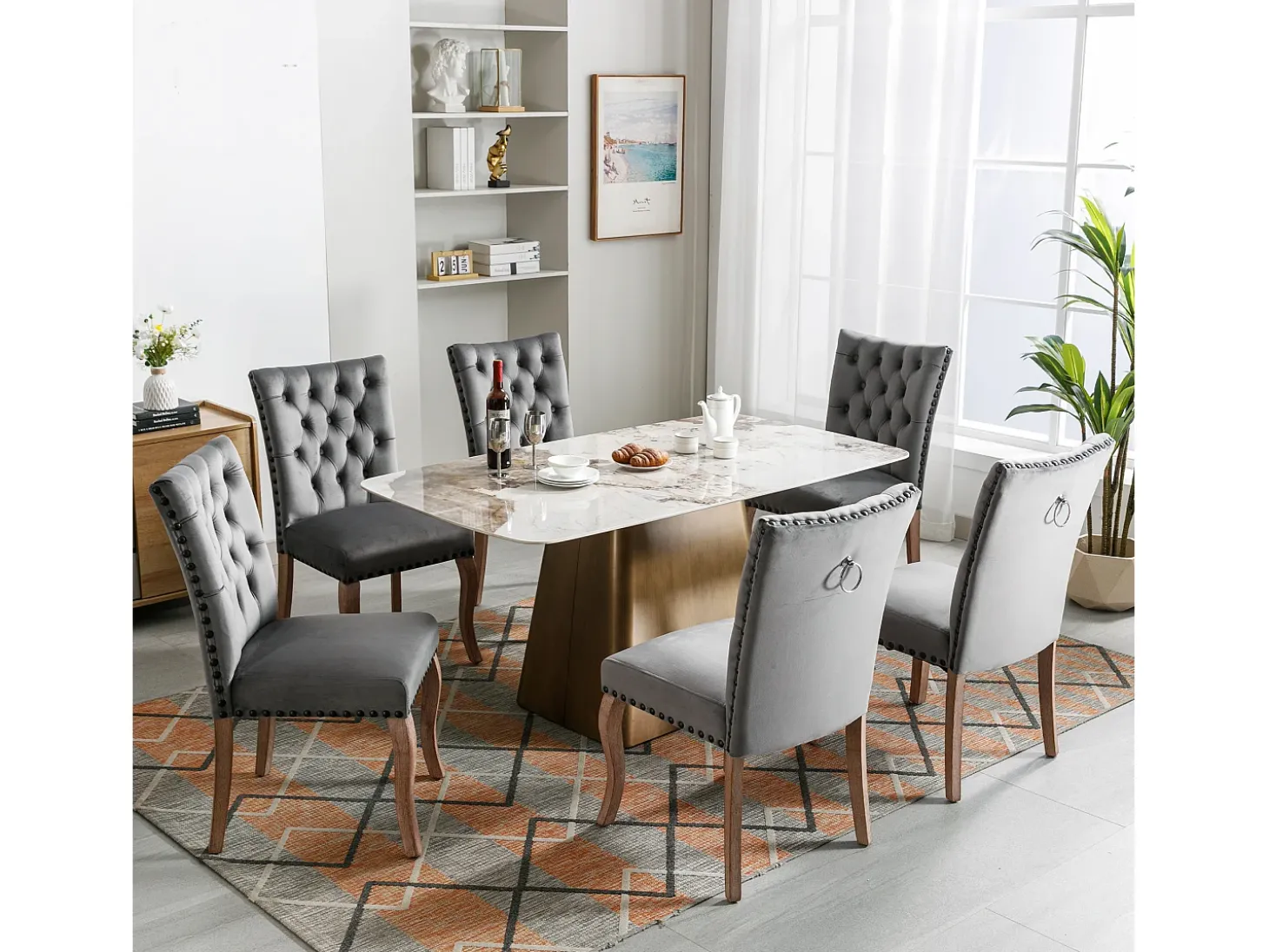 Juego de 6 Sillas de comedor tapizadas en terciopelo - Patas de nogal macizo - Decoración botones - Gris