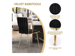 Juego de 2 sillas de comedor de terciopelo con respaldo tejido a mano y patas de metal dorado. Elegantes sillas de comedor en color negro.