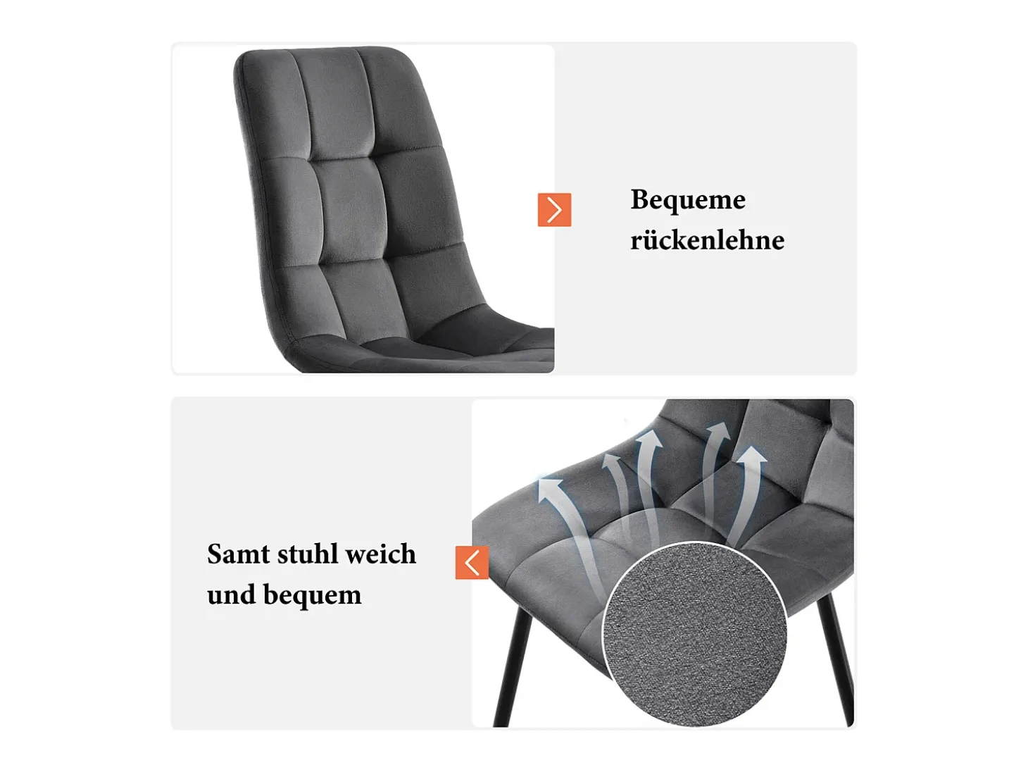 Juego de 4 sillas de comedor, gris, asiento de terciopelo, respaldo cómodo, estructura de metal.