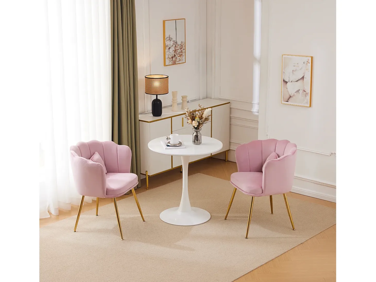 Juego de 2 Sillas de Comedor de Terciopelo - 62 x 54,5 x 77 cm - con Respaldo - Patas de Metal - Rosa