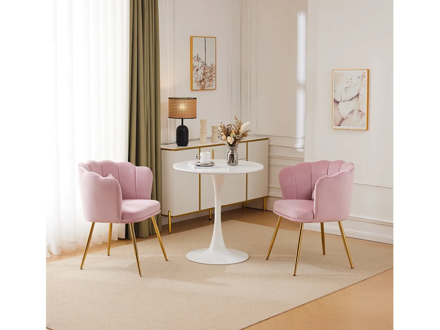 Juego de 2 Sillas de Comedor de Terciopelo - 62 x 54,5 x 77 cm - con Respaldo - Patas de Metal - Rosa