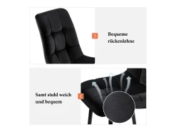 Juego de 4 sillas de comedor de terciopelo negro, tapizadas, estructura de metal, diseño contemporáneo.
