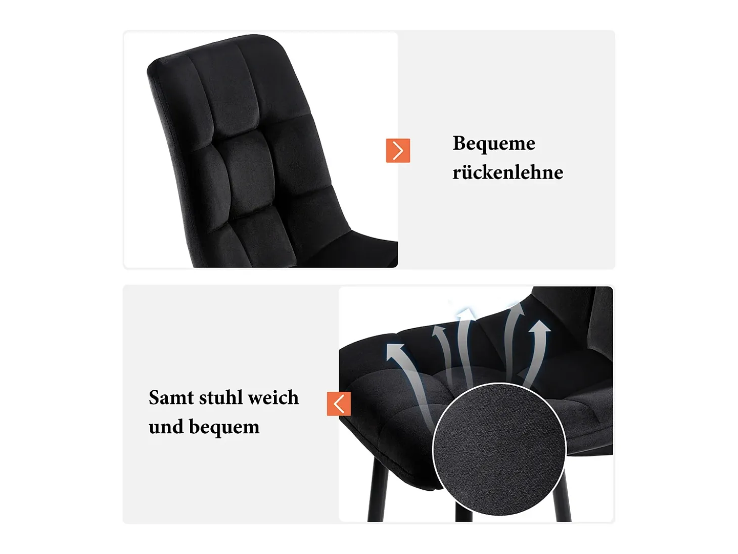 Juego de 4 sillas de comedor de terciopelo negro, tapizadas, estructura de metal, diseño contemporáneo.