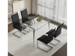 Juego de 4 sillas de comedor negras - respaldo a rayas y 4 reposapiés - PU y lino