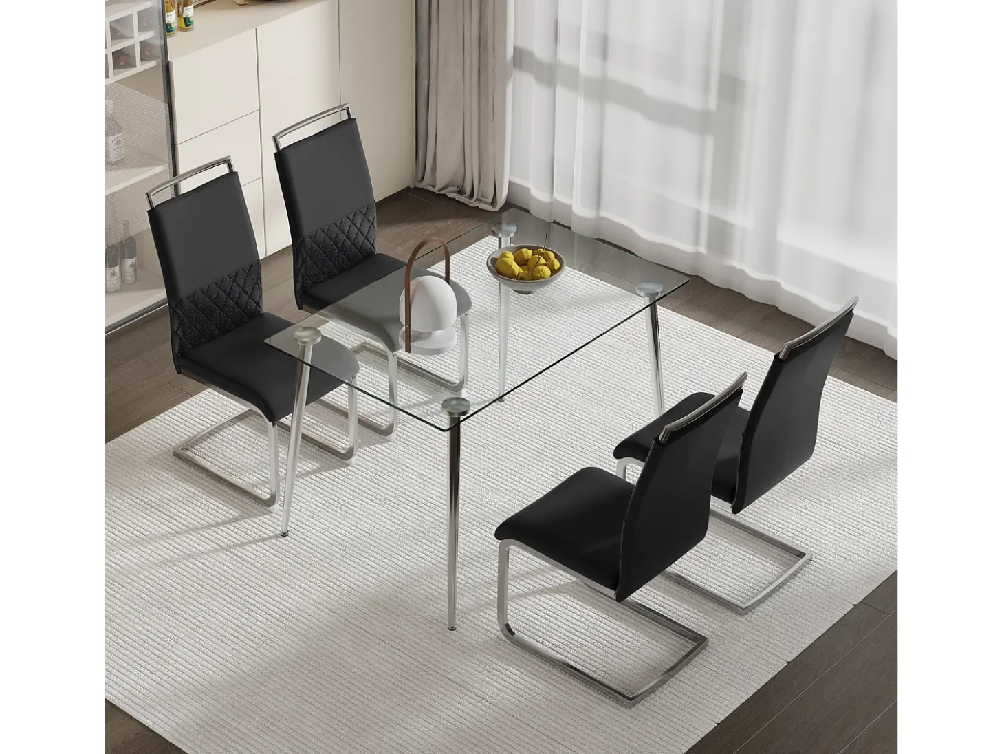 Juego de 4 sillas de comedor negras - respaldo a rayas y 4 reposapiés - PU y lino