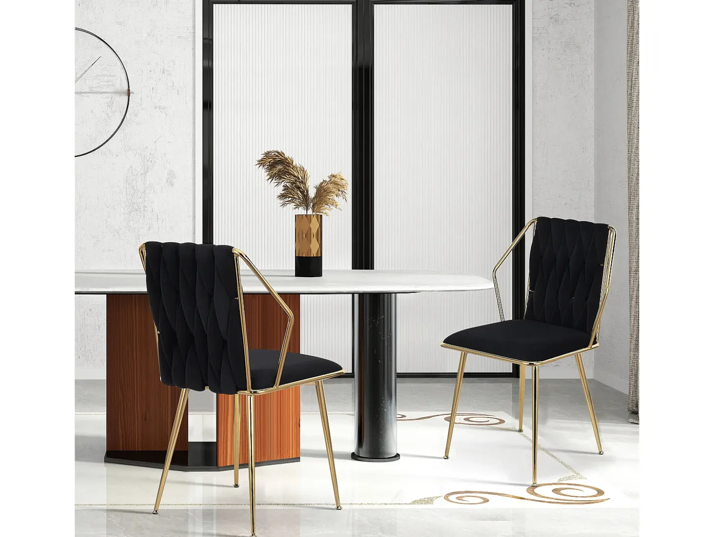 Juego de 2 sillas de comedor de terciopelo, con cómodos cojines y respaldo tejido a mano, patas resistentes de metal dorado, color negro