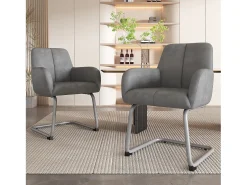 Juego de 4 sillas de comedor con reposabrazos, piel sintética, patas de metal curvadas, gris (56x56x76 cm)