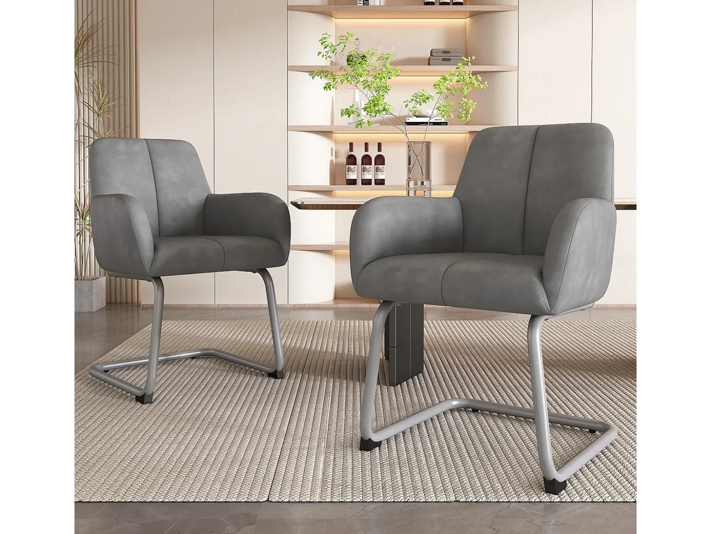 Juego de 4 sillas de comedor con reposabrazos, piel sintética, patas de metal curvadas, gris (56x56x76 cm)