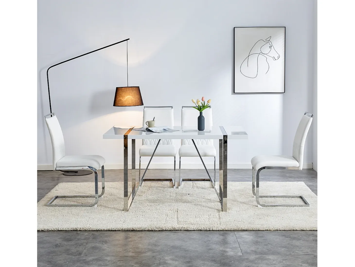 Juego de 4 sillas de comedor modernas, respaldo de poliuretano y lino, asiento de terciopelo, estructura de metal, color blanco (42 x 48 x 95 cm)
