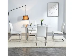 Juego de 4 sillas de comedor modernas, respaldo de poliuretano y lino, asiento de terciopelo, estructura de metal, color blanco (42 x 48 x 95 cm)