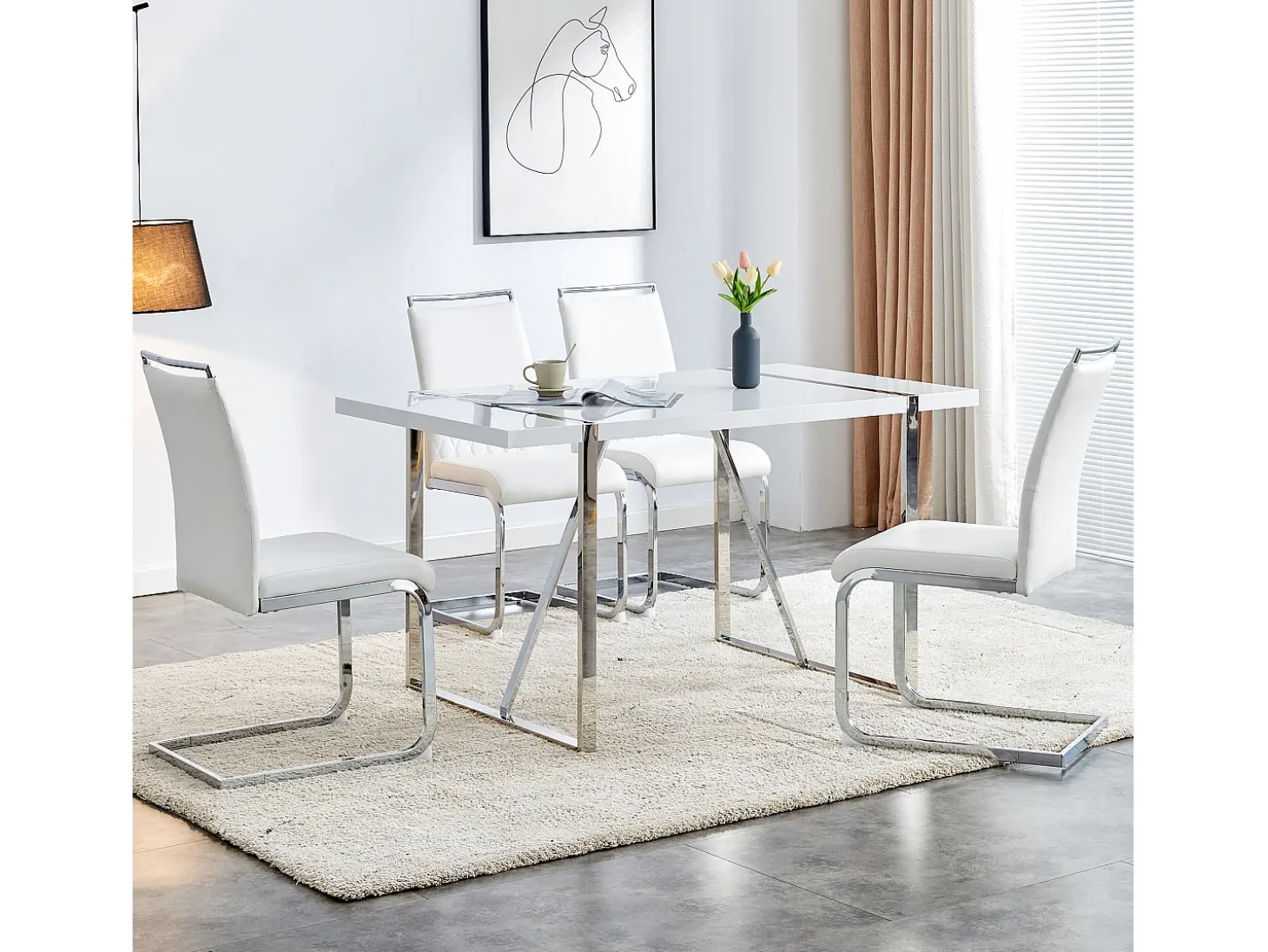 Juego de 4 sillas de comedor modernas, respaldo de poliuretano y lino, asiento de terciopelo, estructura de metal, color blanco (42 x 48 x 95 cm)
