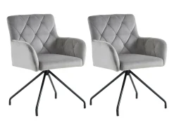 Juego de 2 sillas de comedor de terciopelo gris claro con respaldo de rombos y patas de metal negro