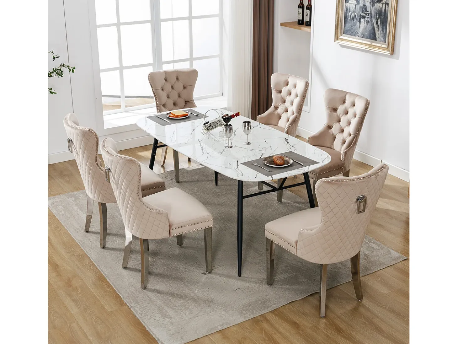 Juego de 6 sillas de comedor, tapizadas con ribete de tachuelas, patas de soporte de metal, tapizado de terciopelo, color beige, con diseño de llamador de puerta.