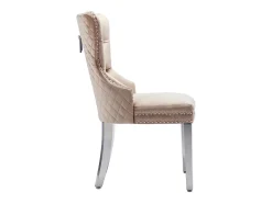 Juego de 6 sillas de comedor, tapizadas con ribete de tachuelas, patas de soporte de metal, tapizado de terciopelo, color beige, con diseño de llamador de puerta.