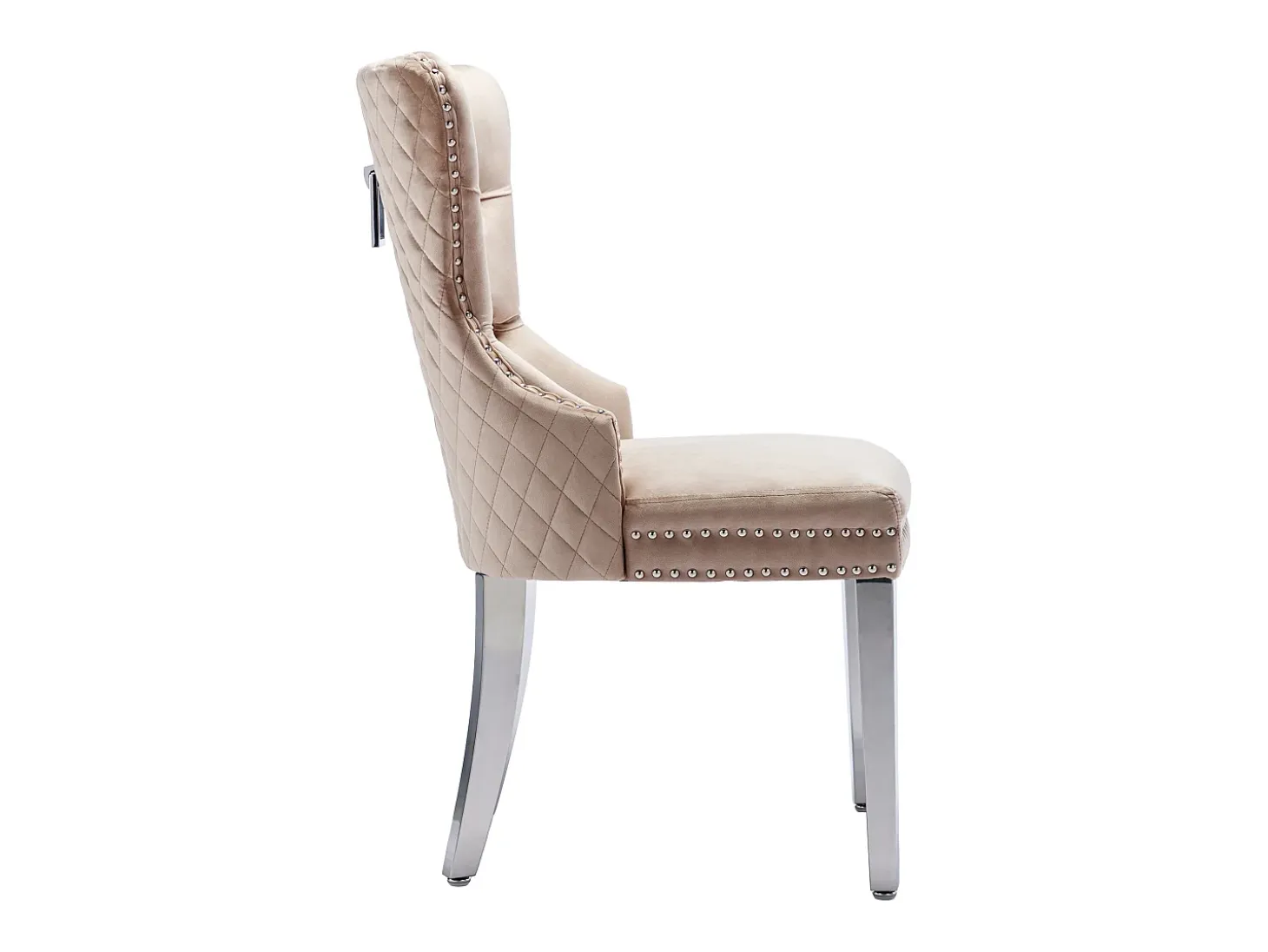 Juego de 6 sillas de comedor, tapizadas con ribete de tachuelas, patas de soporte de metal, tapizado de terciopelo, color beige, con diseño de llamador de puerta.